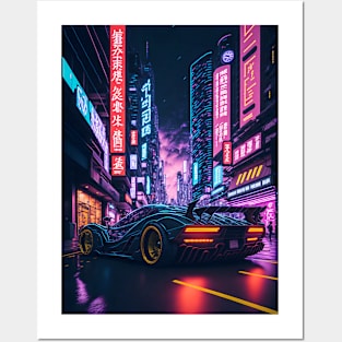 Dark Neon City Sports Car Posters and Art